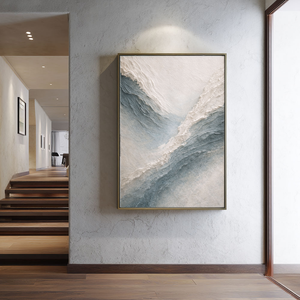 Minimalist Abstract Ocean Wave Textured Impasto Wall Art Blue White Beige Thick Knife Brush Strokes Painting Modern Decor for Home Office