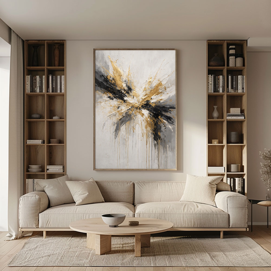 Modern Abstract Impasto Wall Art Gold Black White Medium Grey Splash Thick Knife Paint Textured Canvas Artwork Elegant Contemporary Decor for Living Room Bedroom Office Dining Room Hallway