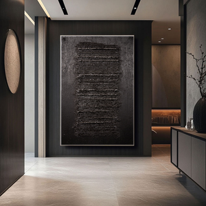 Minimalist Dark Abstract Geometric Textured Wall Art - Modern Monochrome Impasto Black Grey Vertical Line Artwork for Contemporary Living Room Office Bedroom Decor