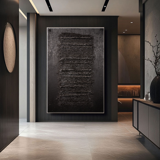 Minimalist Dark Abstract Geometric Textured Wall Art - Modern Monochrome Impasto Black Grey Vertical Line Artwork for Contemporary Living Room Office Bedroom Decor