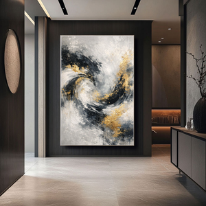 Elegant Modern Abstract Swirling Black White Dark Grey Light Gold Textured Wall Art Thick Paint Knife Marks Contemporary Bold Contrast Artwork for Sophisticated Home and Office Decor