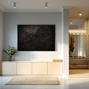 Dark Aesthetic 3D Textured Floral Relief Wall Art with Black Overlapping Petal Sculptures and Aged Worn Brown Earthy Base, Moody Monochrome Botanical Decor for Minimalist Modern Industrial Living Space