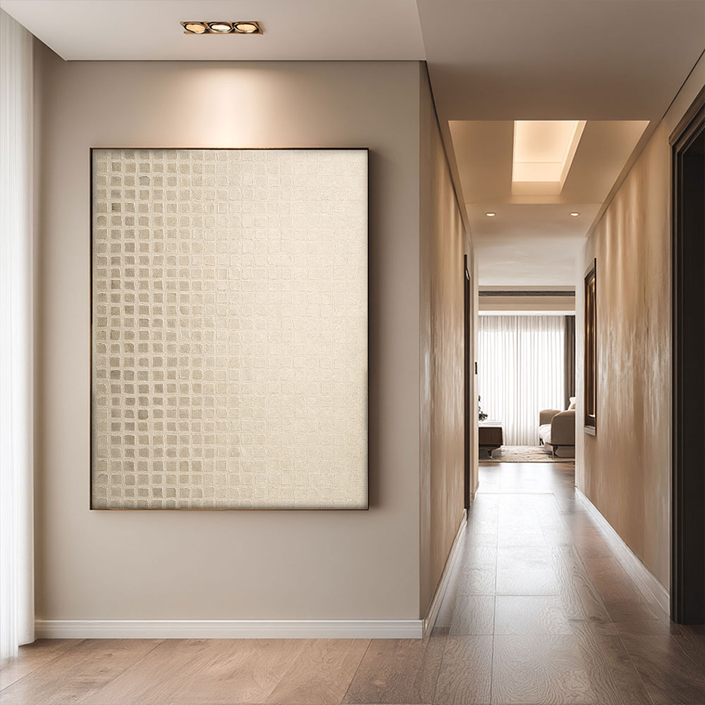 Minimalist Asymmetrical Geometric Grid Abstract Wall Art, Soft Beige Light Medium Grey Muted Tones Textured Canvas Art, Modern Rustic Neutral Decor for Office Hallway Dining Room Bedroom Living Room