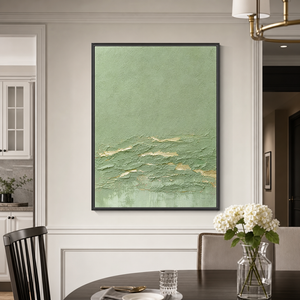 Textured Abstract Sage Green and Gold Plaster Texture Vertical Wall Art for Living Room