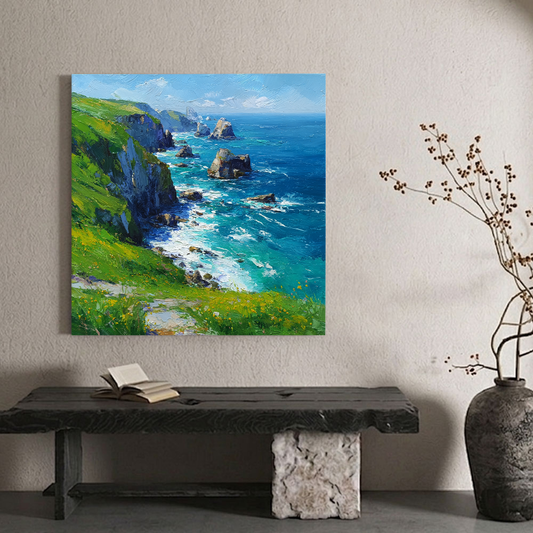 Vibrant Coastal Landscape Impasto Wall Art - Turquoise Deep Blue Ocean Lush Green Cliffs Wildflowers Rugged Rocks Bright Sky Textured Oil Painting Style Artwork for Home Decor