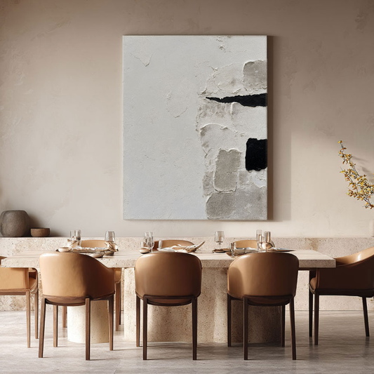 Minimalist Black White Medium Grey Abstract Plaster Textured Imperfect Wabi Sabi-Inspired Framed Canvas Wall Art Neutral Vintage Subtle Decor for Home Spaces