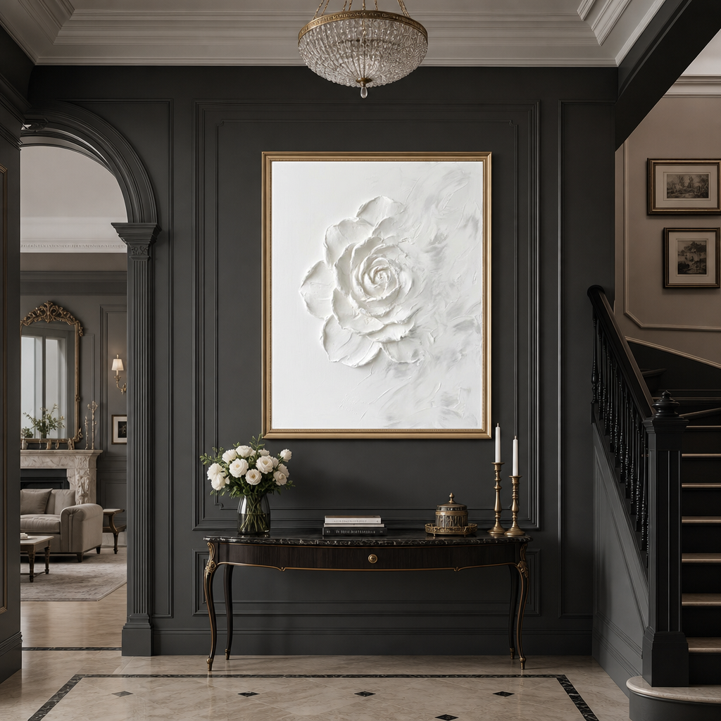 White Textured Flower Vertical Wall Art with Plaster-Style Texture for Living Room or Bedroom