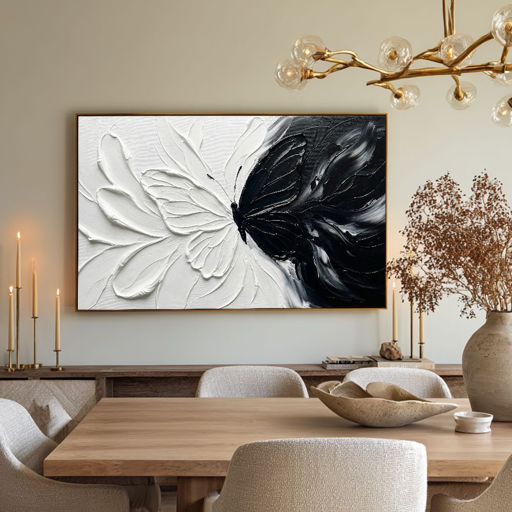 Black and White Butterfly Split Abstract Impasto Wall Art Thick Textured Palette Knife Contrast Artwork Modern Minimalist Contrast Painting for Home Living Room Bedroom Office Dining Room Hallway Decor#TW193
