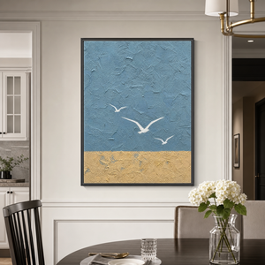 Abstract Blue Beige Vertical Textured Acrylic-Style Ocean And Sky Wall Art For Living Room