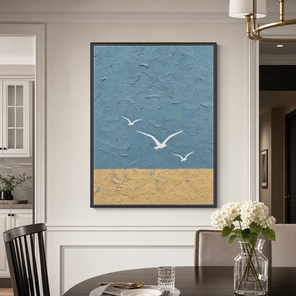 Abstract Blue Beige Vertical Textured Acrylic-Style Ocean And Sky Wall Art For Living Room