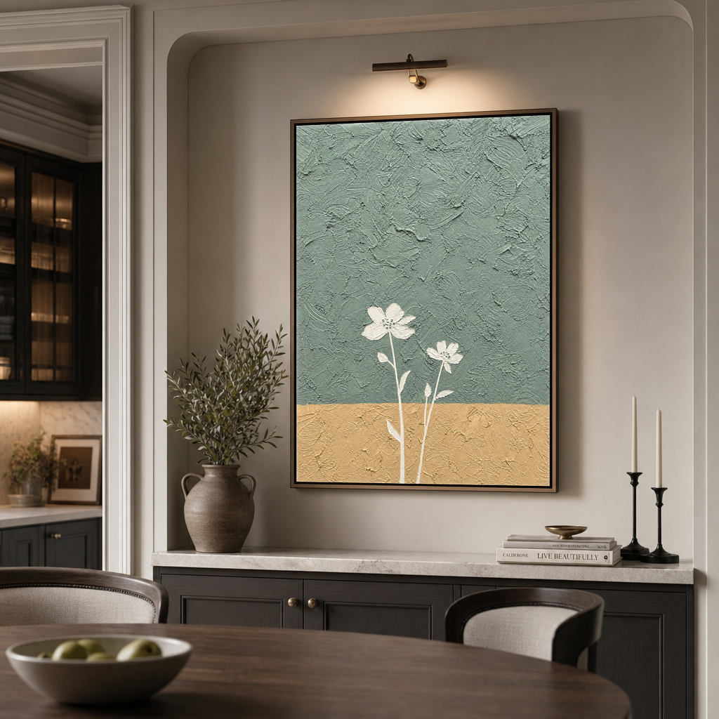 Minimalist Textured Vertical Wall Art Flower And Tree Sage Green Mustard Yellow White Plaster-style Dining Room Living Room
