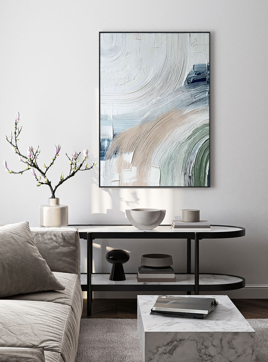 Minimalist Abstract Textured Curved Brushstrokes Blue Green Beige White Impasto Canvas Wall Art for Modern Living Room Bedroom Dining Room Office Hallway Home Decor