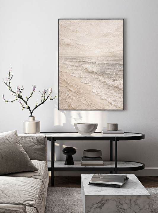 Minimalist Neutral Ocean Wave Textured Wall Art Beige White Grey Abstract Beach Scene Impasto Painting Coastal Artwork for Living Room Bedroom Dining Room Office Hallway