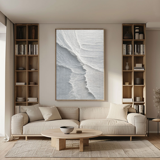 Minimalist Abstract White Light Grey Textured Impasto Wall Art – Soft Layered Neutral Waves Calming Modern Home Decor for Contemporary Office, Hallway, Bedroom, Living Room & Dining Room