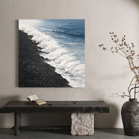 Black Sand Beach Ocean Wave Textured Coastal Landscape Wall Art Abstract Thick Paint Impasto Framed Artwork for Living Room Bedroom