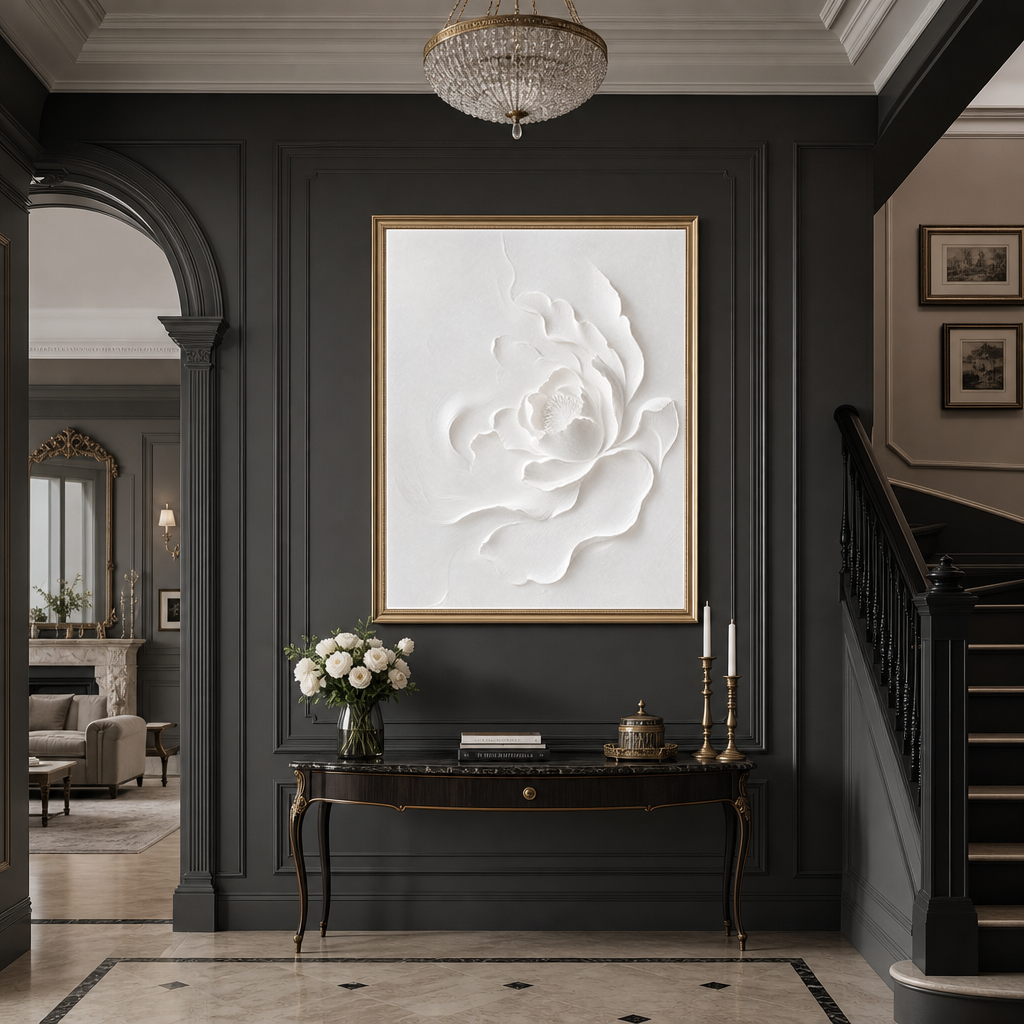 White 3D Relief Textured Abstract Flower Vertical Wall Art for Bedroom or Living Room