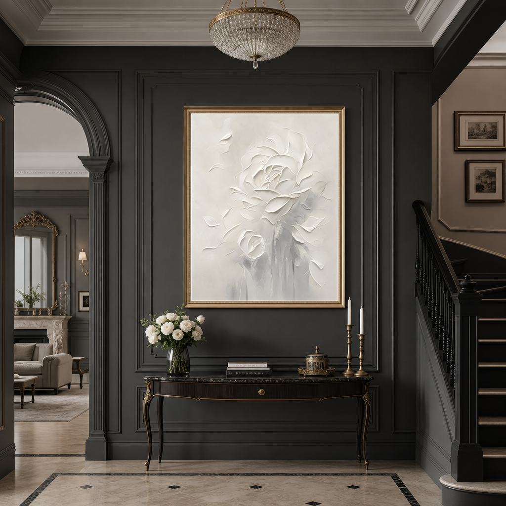 White And Soft Gray Textured Flower Vertical Acrylic-Style Wall Art for Living Room