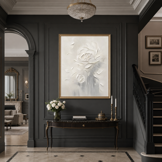 Textured Rose Impasto Art in a luxurious dark-paneled hallway