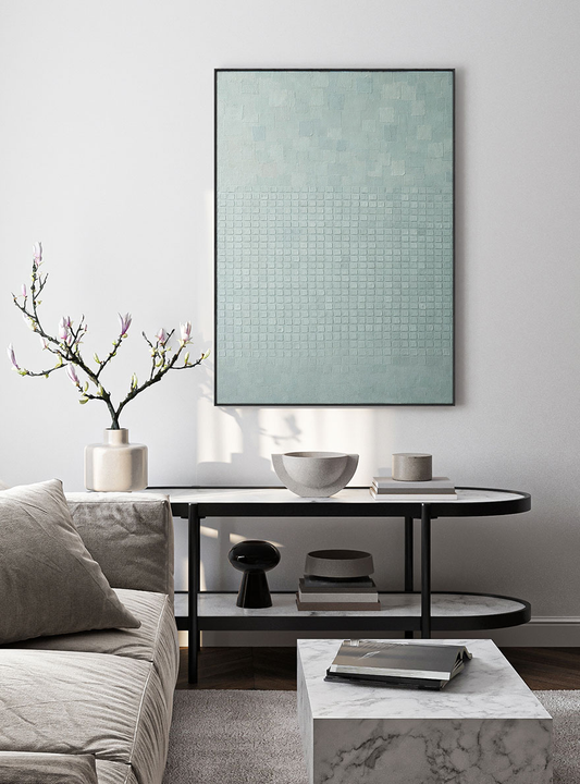 Minimalist Light Blue-Grey Geometric Abstract Textured Wall Art, Subtle Modern Grid and Irregular Block Pattern, Muted Contemporary Wall Decor for Calm Spaces