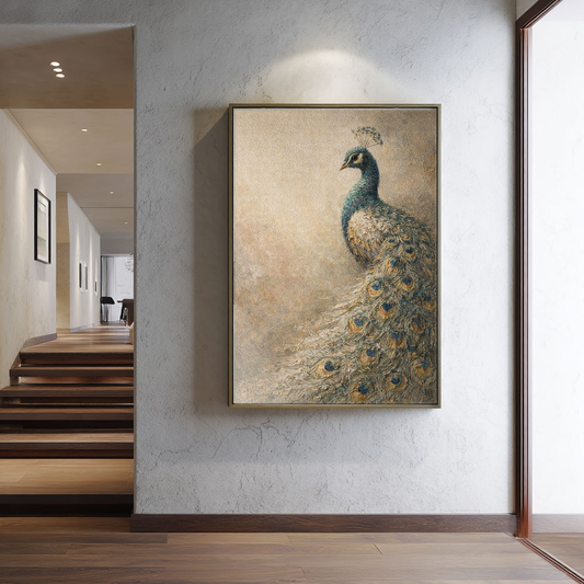 Vintage Textured Peacock Wall Art Elegant Animal Bird Painting for Living Room Bedroom Office Dining Hallway Decor Muted Earthy Tones Canvas Artwork Classic Home Decoration