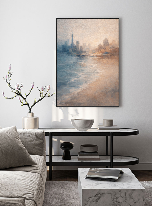 Vintage Soft Blue Beige White Urban Coastal Skyline Textured Framed Canvas Wall Art, Muted Impressionist Coastal City Architecture & Seaside Painting for Modern Minimalist Home Decor