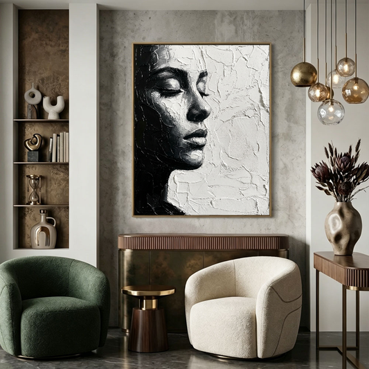 Black and White Impasto Textured Portrait Wall Art – Elegant Serene Woman's Profile with Thick Layered Knife Brushwork, High Contrast Minimalist Monochrome Design, Ideal for Modern Home and Office Decor