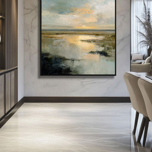 Tranquil Textured Impasto Marshland Sunset Wall Art, Abstract Coastal Wetland Nature Scene Decor, Muted Blue Grey Green Beige Gold Sky Water Painting Style for Modern Farmhouse Living Room Bedroom Dining Office