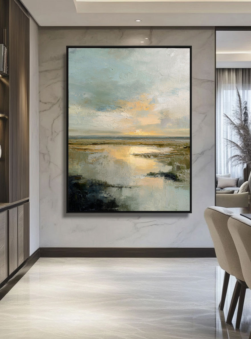 Tranquil Textured Impasto Marshland Sunset Wall Art, Abstract Coastal Wetland Nature Scene Decor, Muted Blue Grey Green Beige Gold Sky Water Painting Style for Modern Farmhouse Living Room Bedroom Dining Office
