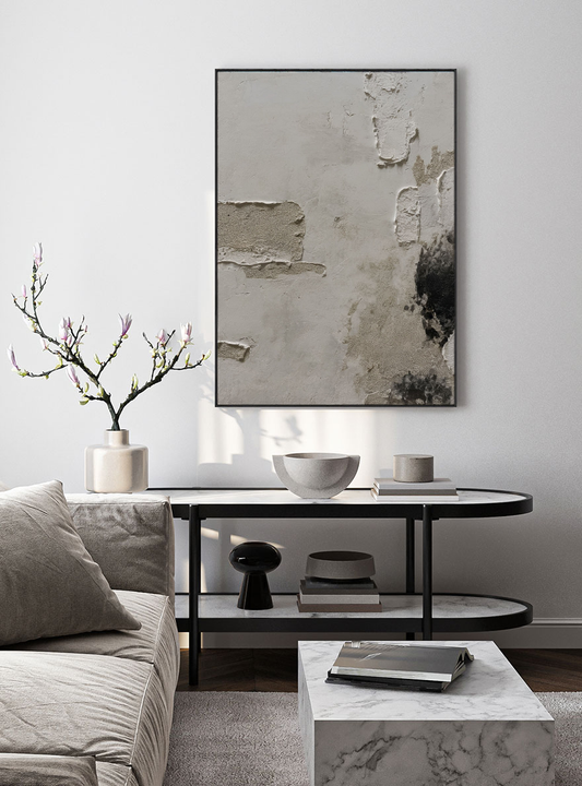 Minimalist Asymmetrical Wabi Sabi Abstract Textured Plaster Wall Art, Neutral Beige Black Dark Medium Grey Real Pigment Tones, Aged Worn Imperfect Texture, Modern Contemporary Boho Home Decor for Living Room Bedroom Office Dining Room Hallway