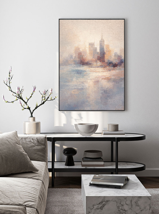 Soft Tonal Impressionist New York City Skyline with Water Reflection Vintage Wall Art for Modern Living, Bedroom, Dining, Office & Hallway Spaces