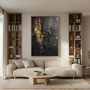 Modern Black and Gold Abstract Textured Wall Art, Thick Impasto Dark Luxury Canvas Painting, Heavy Knife Marks Bold Gold Accent Details Monochrome Rich Tone Artwork for Living Room Bedroom Office Dining Room Hallway
