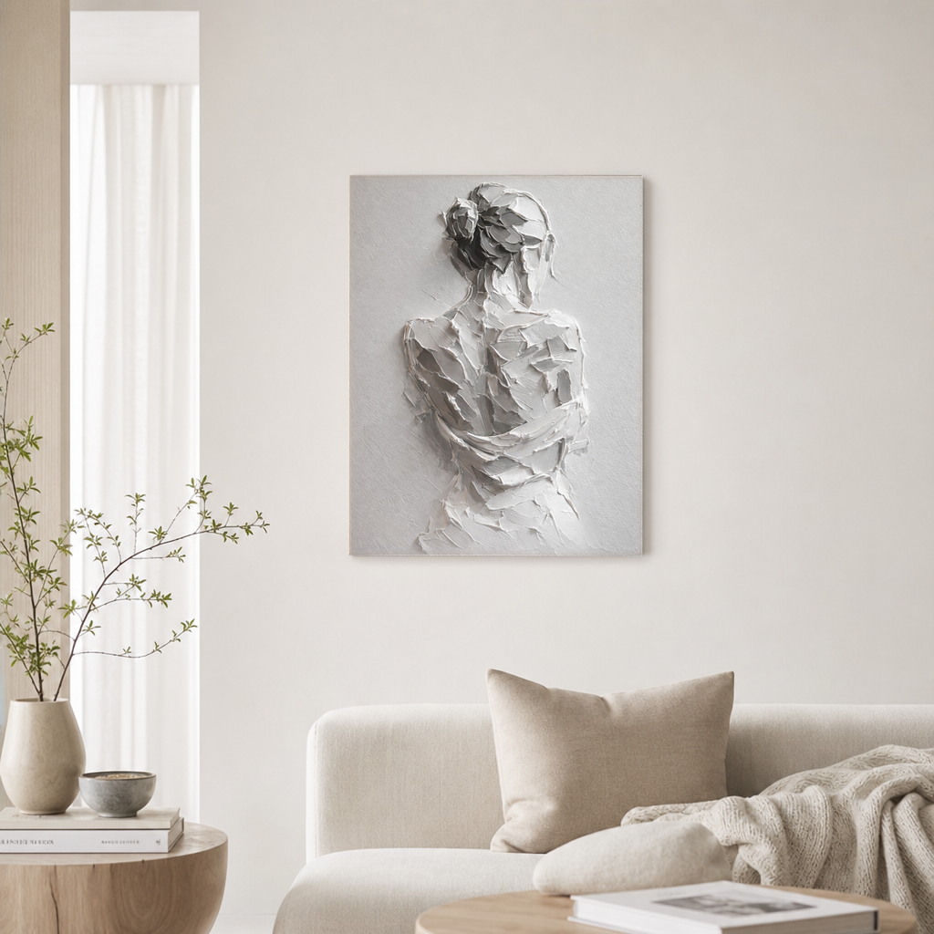 White Gray Textured Abstract Portrait Acrylic-style Vertical Wall Art for Bedroom