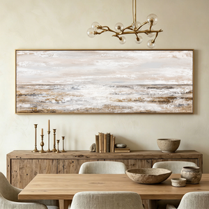 Abstract Coastal Ocean and Sky Landscape Textured Wall Art, Neutral Brown Beige White Light Grey Panoramic Large Canvas Print Artwork for Modern Home Decor, Living Room Bedroom Dining Room Office Hallway Wall Decoration