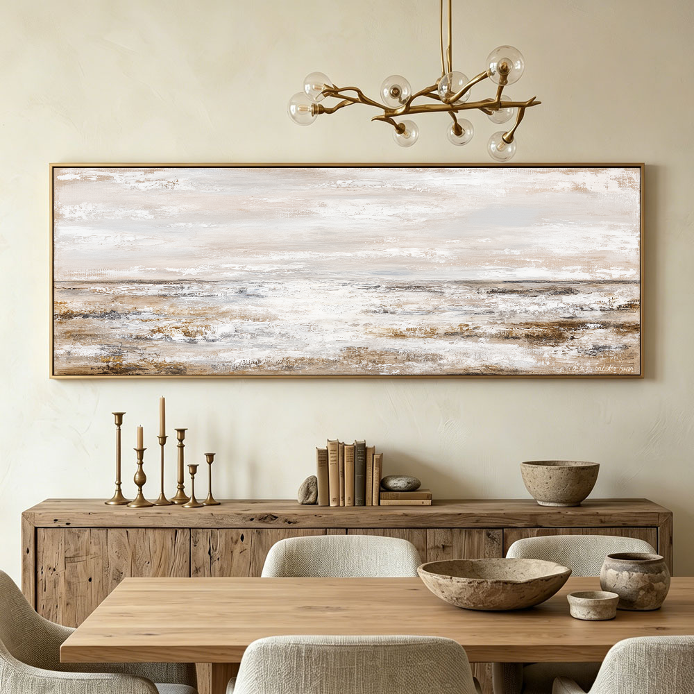 Abstract Coastal Ocean and Sky Landscape Textured Wall Art, Neutral Brown Beige White Light Grey Panoramic Large Canvas Print Artwork for Modern Home Decor, Living Room Bedroom Dining Room Office Hallway Wall Decoration