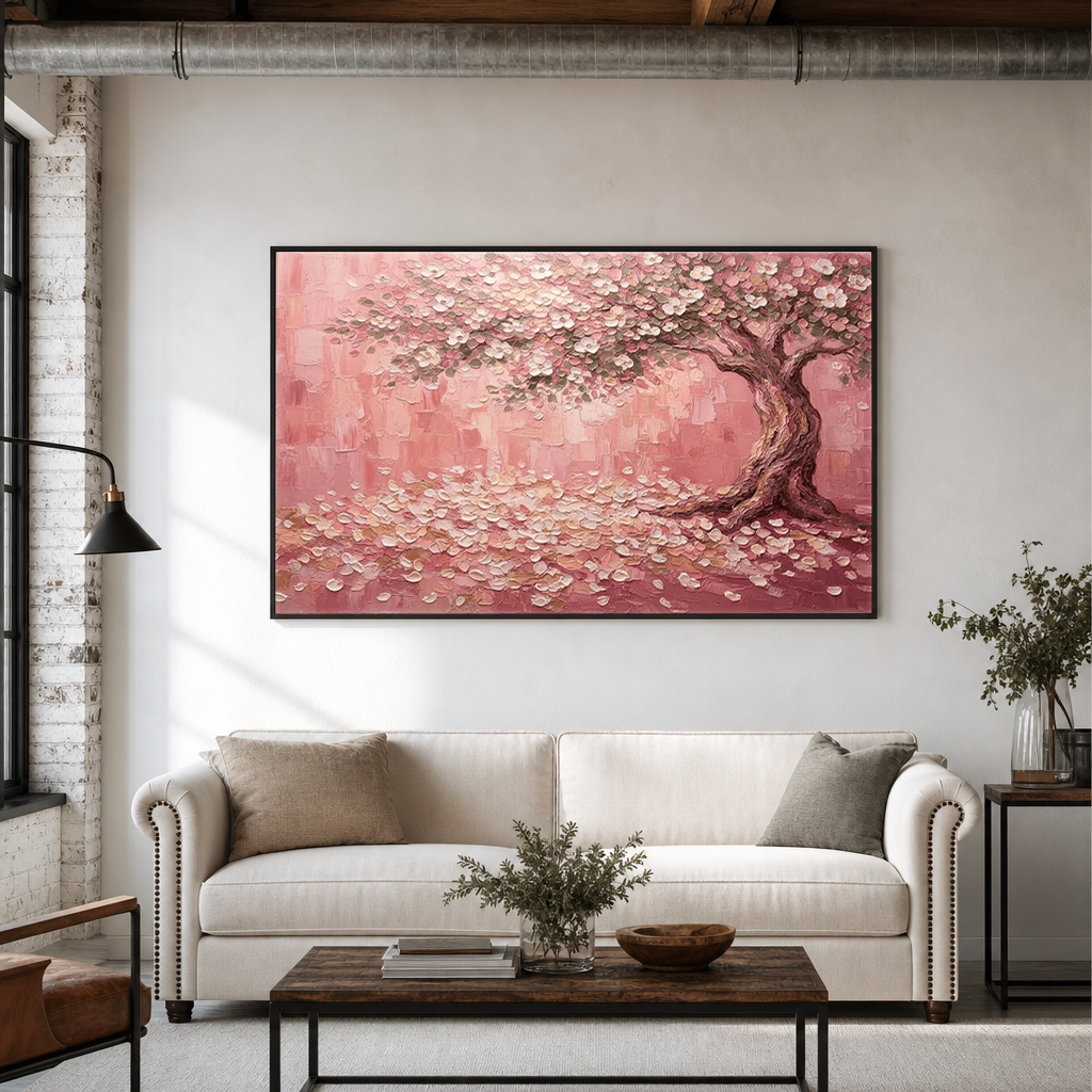 Pink Blossom Tree Impasto Art in a modern living room with a white sofa
