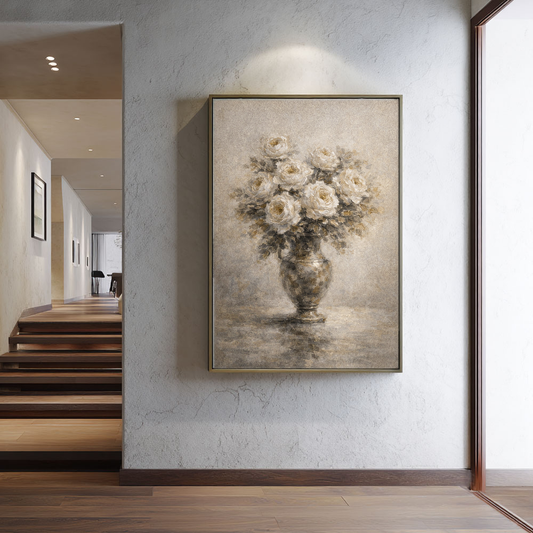 Vintage White Roses in Metallic Gold Vase Textured Canvas Wall Art, Elegant Neutral Floral Still Life Painting for Living Room Bedroom Dining Room Office Hallway Decor