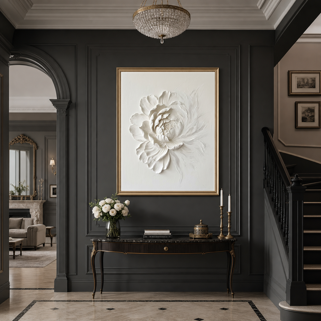 White Flower 3D Relief Textured Vertical Wall Art for Living Room Bedroom