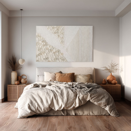 Minimalist Abstract Textured Geometric Wall Art, Neutral Beige White Light Grey Wall Decor with Asymmetrical 3D Relief Circles & Lines, Modern Wabi Sabi Wall Art for Living Room Bedroom Office Dining Room Hallway