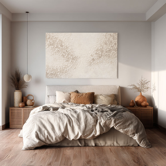 Minimalist Soft Beige & White Abstract Wall Art with Subtle Textured Scale-Like and Feather-Inspired Relief, Modern Neutral Decor Piece for Elegant Contemporary Home and Office Spaces, Enhancing Serene Atmosphere