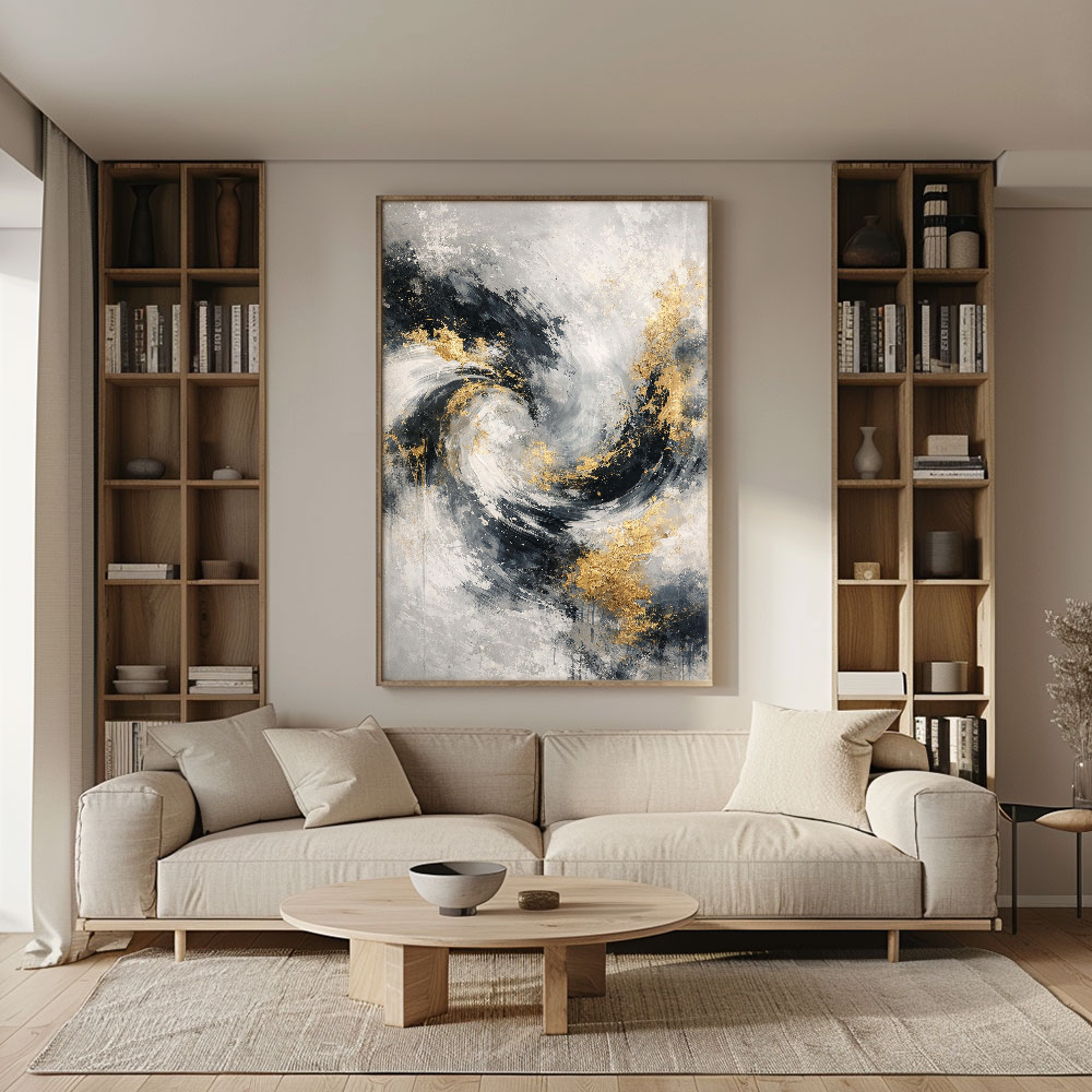 Luxury Black White Gold & Light Grey Abstract Textured Wall Art - Modern Swirling Metallic Impasto Canvas Artwork with Bold Knife/Brush Marks for Contemporary Home Decor, Office, Living Room, Bedroom, Dining Room & Hallway