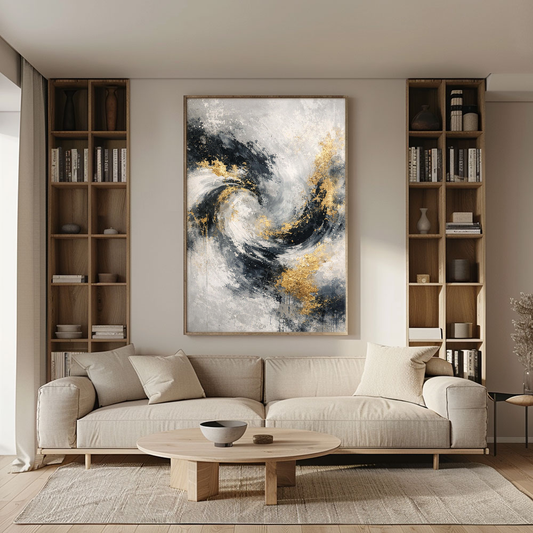 Luxury Black White Gold & Light Grey Abstract Textured Wall Art - Modern Swirling Metallic Impasto Canvas Artwork with Bold Knife/Brush Marks for Contemporary Home Decor, Office, Living Room, Bedroom, Dining Room & Hallway