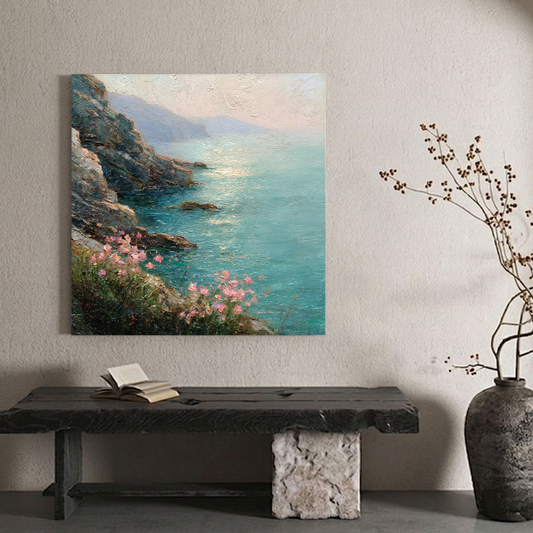 Vintage Coastal Landscape Wall Art Pink Wildflower Turquoise Ocean Rocky Cliff Impasto Painting Framed Seascape Home Decor for Living Room Bedroom Dining Room Office Hallway