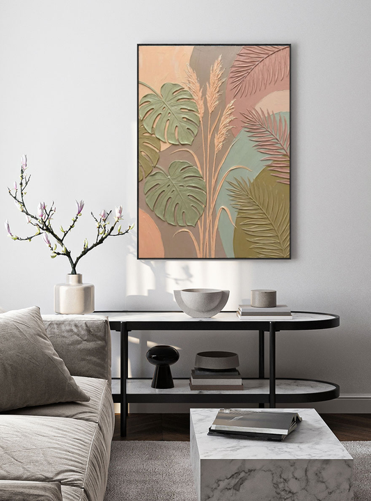 Bohemian Tropical Monstera Palm Leaves Pampas Grass Textured Abstract Floral Wall Art for Living Room Bedroom Dining Room Office Home Decor