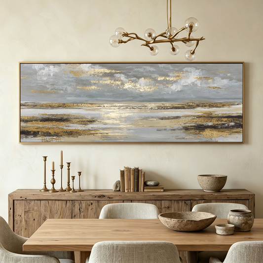 Elegant Abstract Grey and Gold Textured Ocean and Sky Landscape Framed Canvas Wall Art Modern Sophisticated Decor for Living Room Bedroom Office Hallway Dining Room Large Panoramic Artwork
