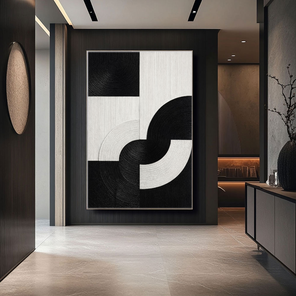 Modern Black and White Geometric Abstract Textured Wall Art, High Contrast Minimalist Block and Curve Design, Thick Monochrome Raised Canvas Artwork for Living Room Bedroom Office Dining Room Hallway