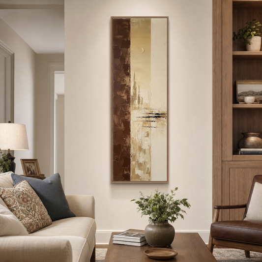 Minimalist Beige Brown Gold Abstract Textured Framed Canvas Wall Art, Vertical Large Size Modern Warm Earthy Tone Impasto Knife Painting for Living Room Bedroom Office Hallway Dining, Soft Moonlit Skyline Scene Artwork