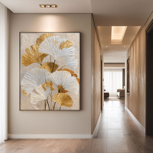 Elegant Textured Gold and White Ginkgo Leaves Floral Wall Art for Modern Home Decor, Botanical Print with Thick Impasto Paint Texture, Beige Background Wall Hanging for Living Room Bedroom Dining Room Office Hallway
