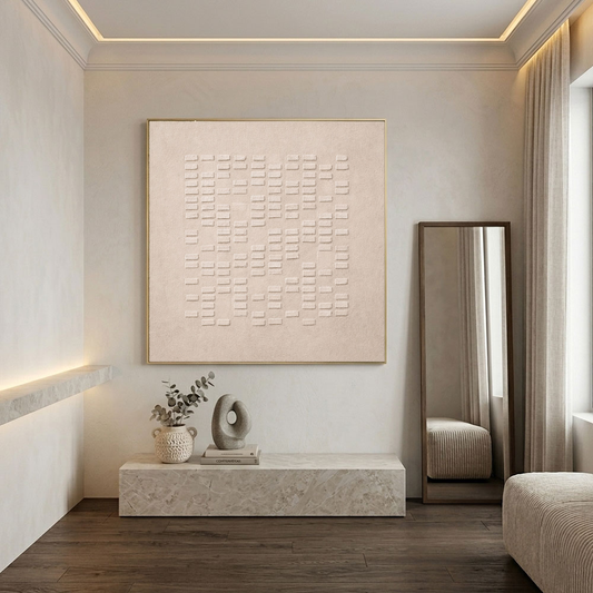 Minimalist Beige Light Grey Geometric Raised Texture Square Framed Wall Art, Modern Neutral Monochrome Non-Representational Artwork for Home Office Decor