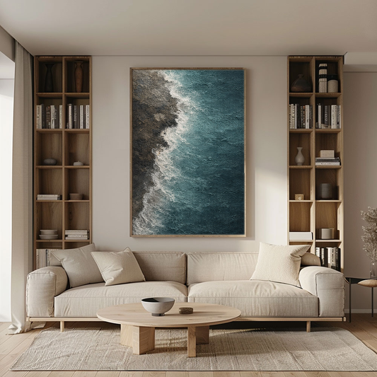 Abstract Textured Ocean Shore Wall Art Blue Brown White Waves Coastal Seaside Thick Knife Brush Impasto Painting for Home Decor Living Room Bedroom Dining Room Office Hallway