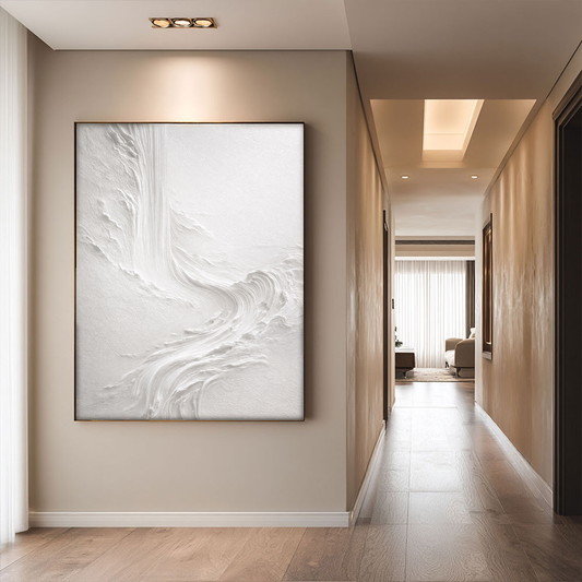 Minimalist White Abstract Textured Impasto Wall Art 3D Relief Flow Decorative Painting for Living Room Bedroom Office Hallway Dining Room Neutral Wabi-Sabi Style Modern Home Decor Artwork